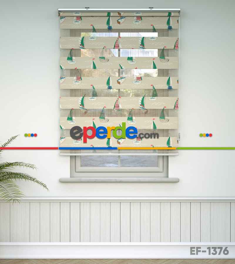 Gemi Desen Baskılı Zebra Perde- Yeşil-kırmızı-bej