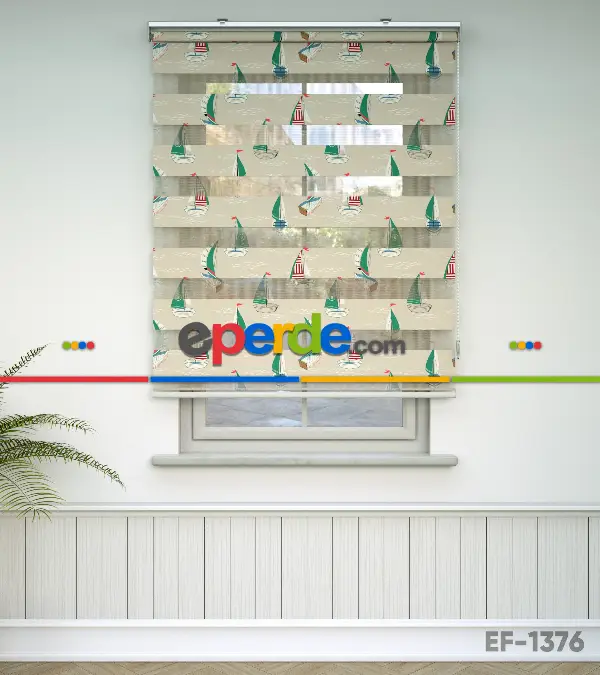 Bebek Odası Zebra Perde - Gemi Desen Baskılı Zebra Perde- Yeşil-Kırmızı-Bej