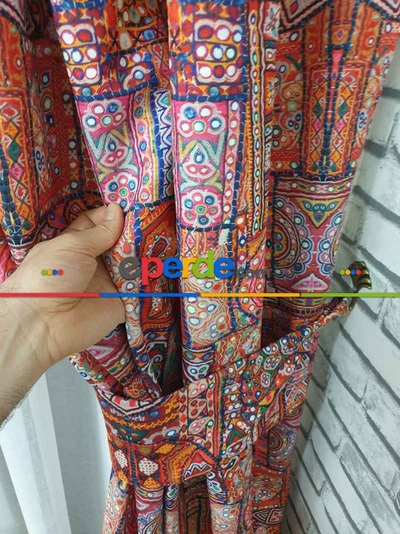 Hint El İşlemesi Desenli Baskılı Fon Perde - Kampanyalı Kaliteli Ürün- Turuncu- Çok Renkli 3