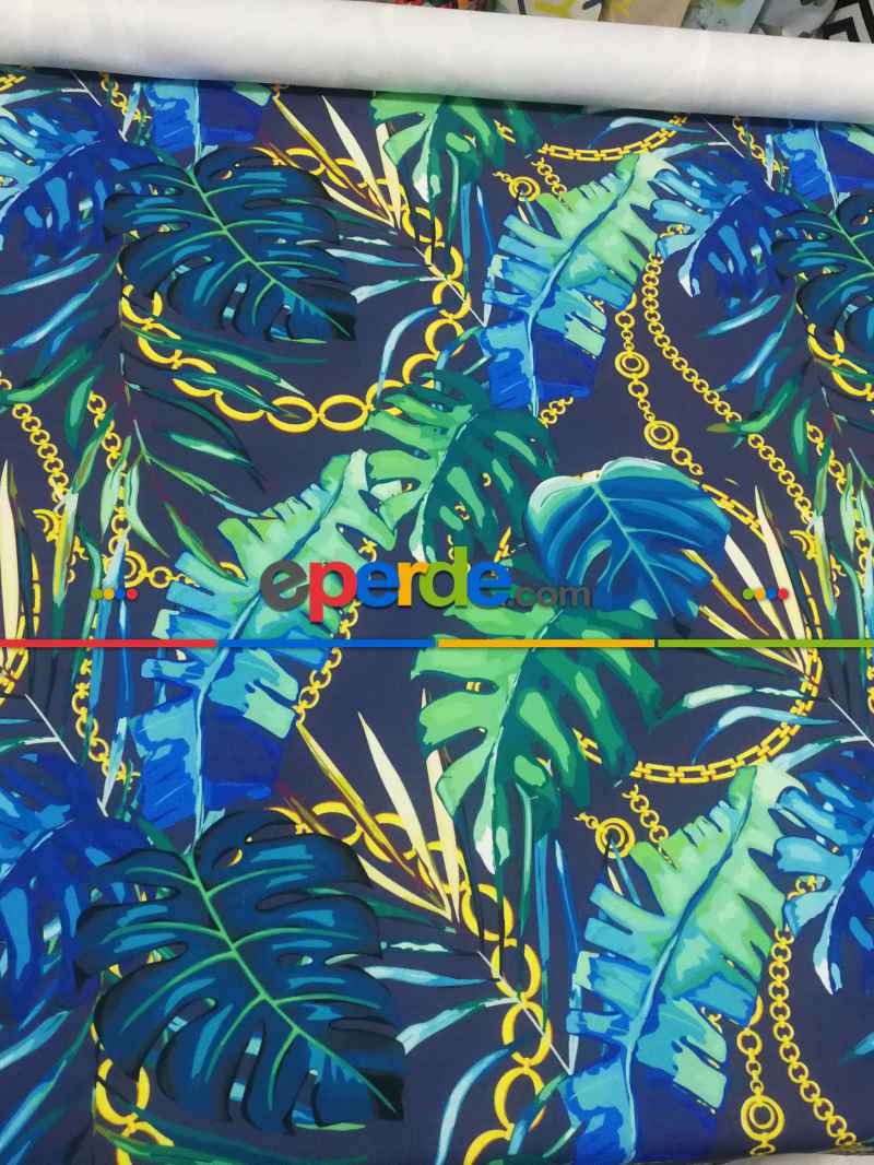 Tropikal Yaprak Desenli Fon Perde Evm1008 Kumaşı Kalındır Duck Bezi Değildir- Yeşil-Mavi