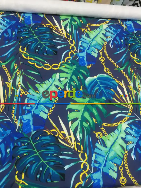 Yatak Odası - Tropikal Yaprak Desenli Fon Perde Evm1008 Kumaşı Kalındır Duck Bezi Değildir- Yeşil-Mavi