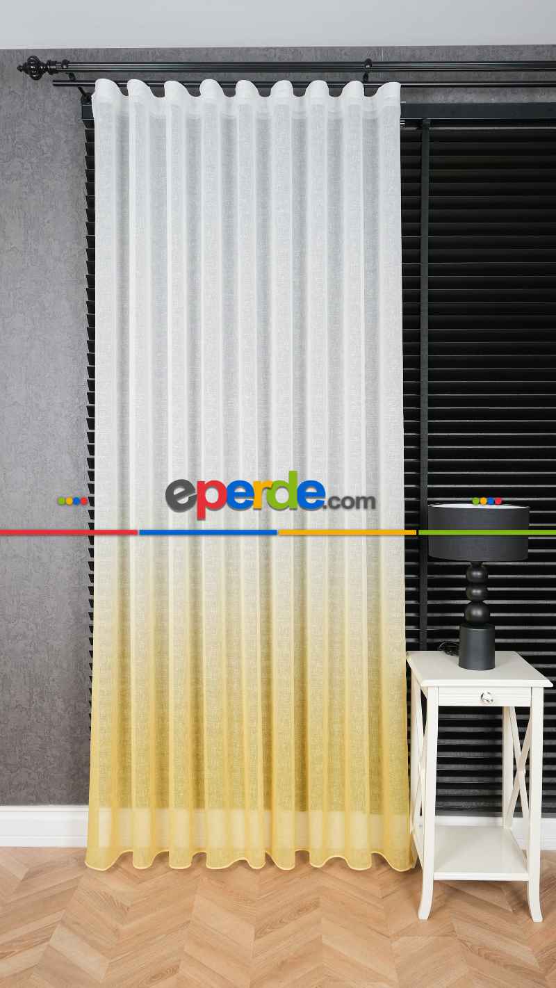 Keten Ekru Sarı Degrade Geçişli Tül Perde, Ağır Gramajlı Premium Seri, Eteği Kurşunlu