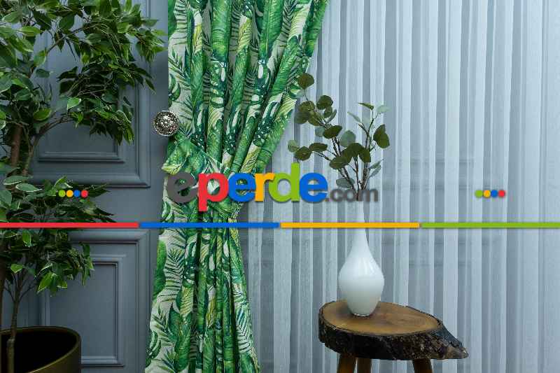 Tropikal Yaprak Desenli Fon Perde Evm1122 Kumaşı Kalındır Duck Bezi Değildir- Yeşil-Beyaz