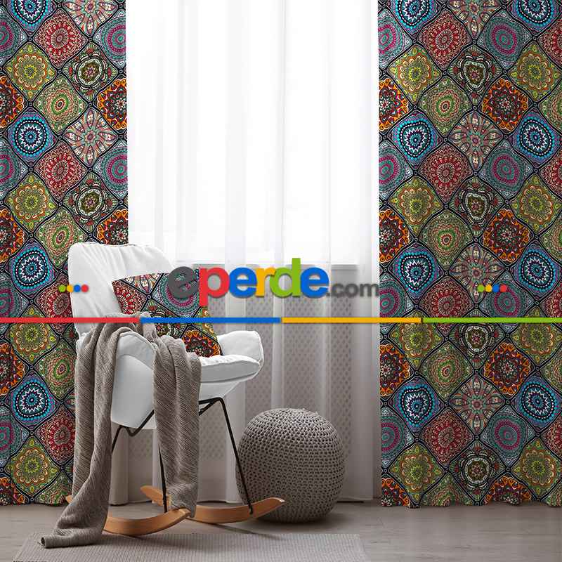 Genç Odası - Etnik Desenli Fon Perde Evim 403 Kumaşı Kalındır Duck Bezi Değildir