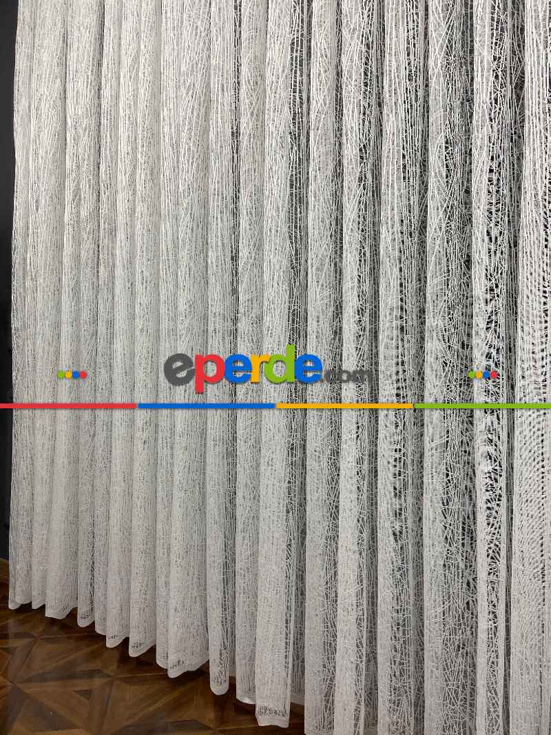 Tül Perde - Spor Desenli - Çizgili Fransız Dantel Örme Tül - Ekru Açık Krem