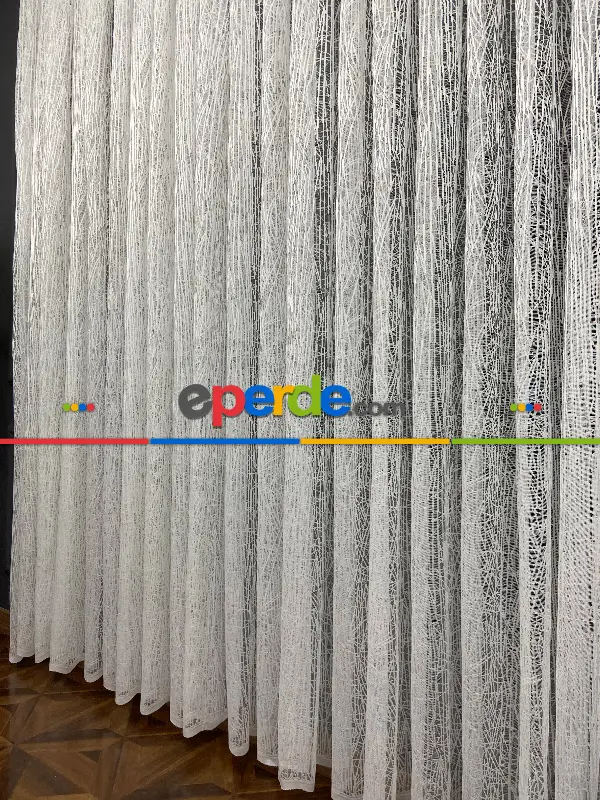 Oturma Odası - Spor Desen Çizgili Fransız Dantel Tül- Ekru