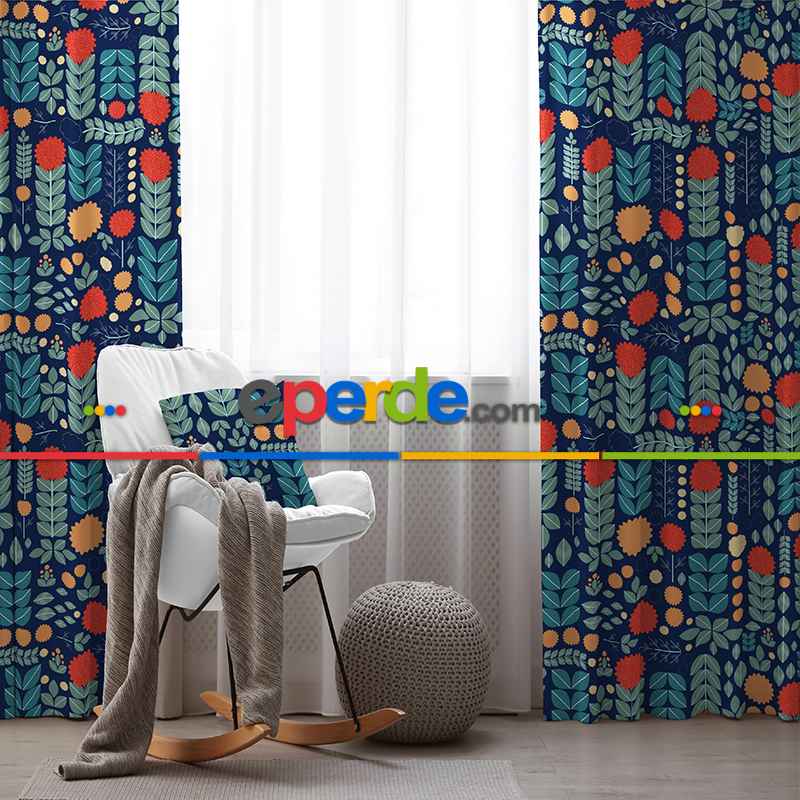 Etnik Fon Perde Evim1554 Kumaşı Kalındır Duck Bezi Değildir- Mavi-beyaz