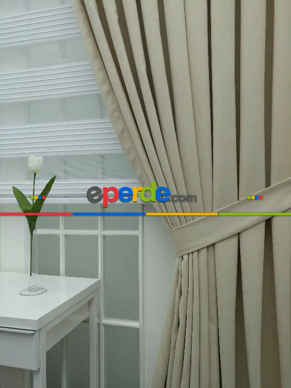 Krem Düz Fon Perde- Krem