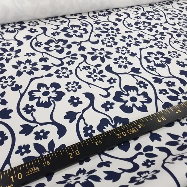 Çiçek Desenli Fon Perde Evm300-8 - Kumaşı Kalındır Duck Bezi Değildir.- Lacivert-Mavi-Beyaz