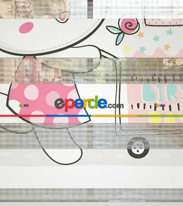 Sevimli Tavşancık Desenli Özel Baskılı Zebra Perde- Çok Renkli