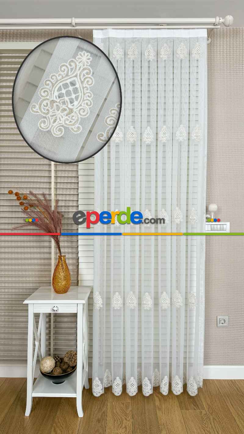Oturma Odası Ekru Özel Dokuma Damask, Bej Özel İplik Brode İşlemeli Tül Perde - Ağır Gramajlı Premium Nakışlı