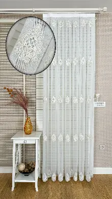 Yatak Odası Ekru Özel Dokuma Damask, Bej Özel İplik Brode İşlemeli Tül Perde - Ağır Gramajlı Premium Nakışlı