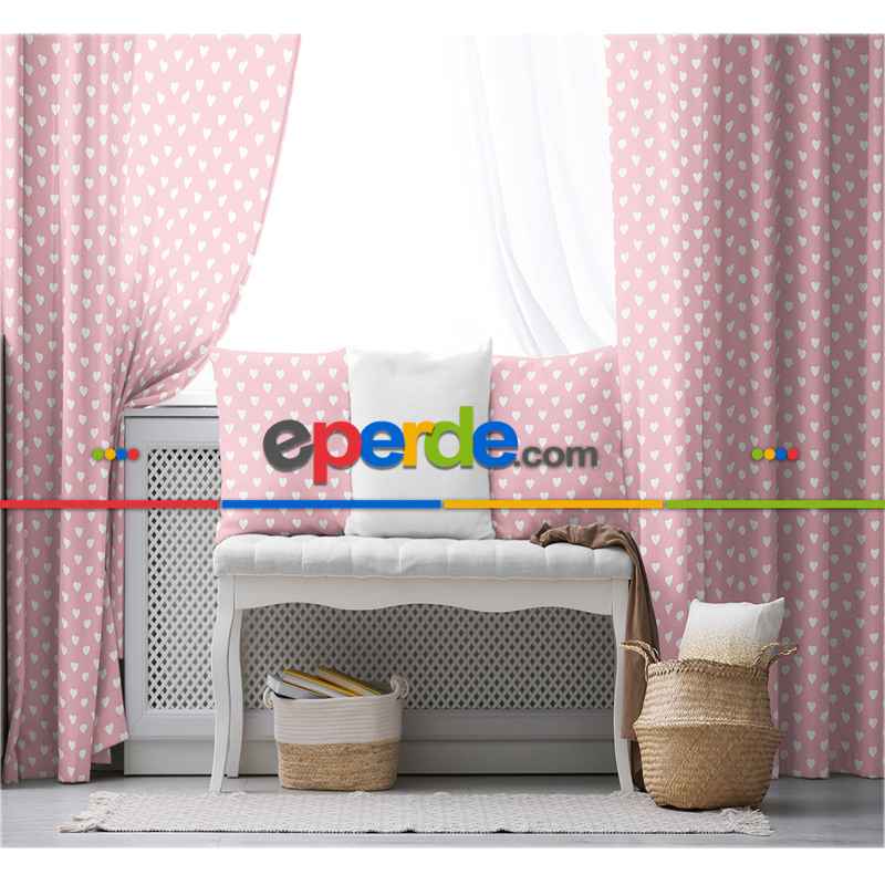 Kız Bebek Odası Fon Perde - Pembe Beyaz - Kalp Desenli