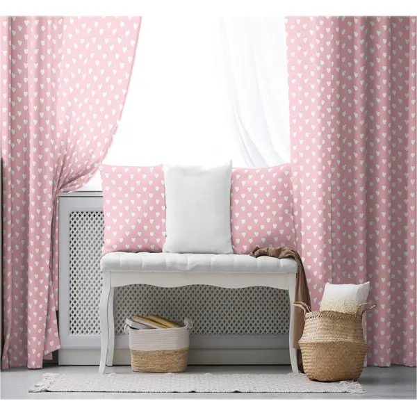 Kız Bebek Odası Fon Perde - Pembe Beyaz - Kalp Desenli