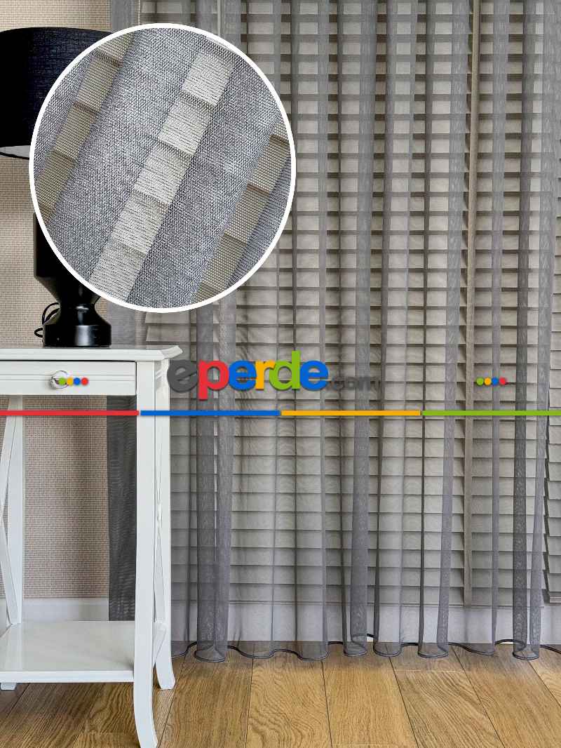 Koyu Gri Grek Zemin Düz Tül Perde - Kurşunlu