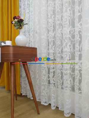 %55 İndirimli Hazır Ölçülü Sarmaşık Desenli Tül Perde - Ekru Bt 563