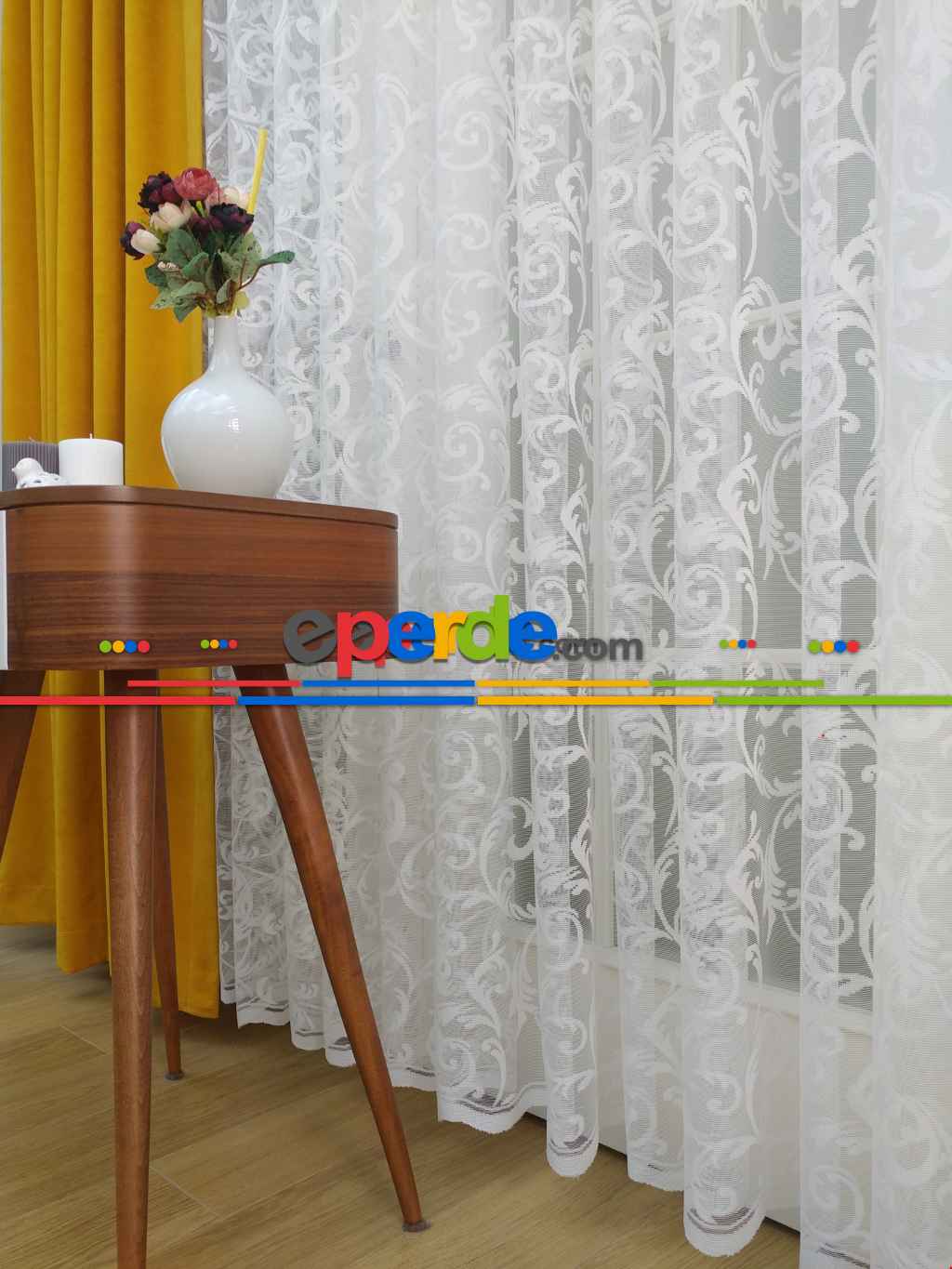 %55 İndirimli Hazır Ölçülü Sarmaşık Desenli Tül Perde - Ekru Bt 563