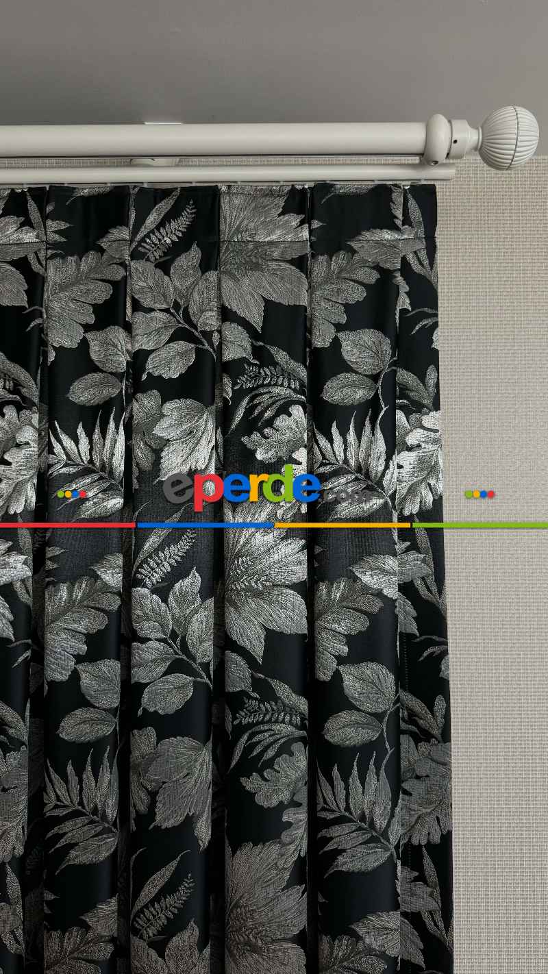Siyah Gümüş Vizon Çiçek Desen Premium Jakar Dokuma Fon Perde - Premium Kalite Serisi Ağır Gramajlı