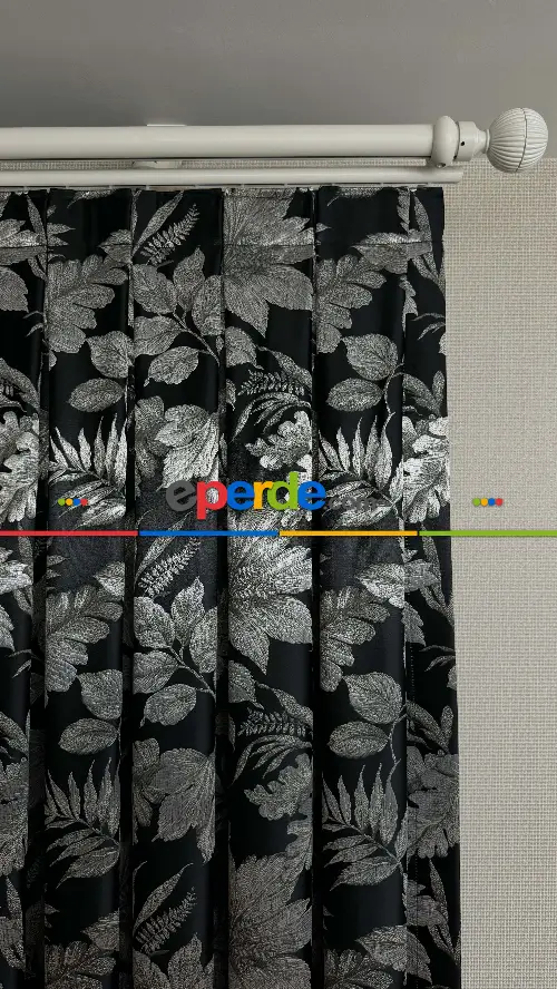 Siyah Gümüş Vizon Çiçek Desen Premium Jakar Dokuma Fon Perde - Premium Kalite Serisi Ağır Gramajlı