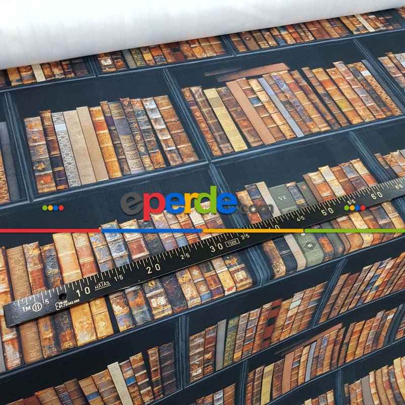 Genç Odası - Kitaplık Desenli Fon Perde Evm1077 Kumaşı Kalındır Duck Bezi Değildir- Kahverengi