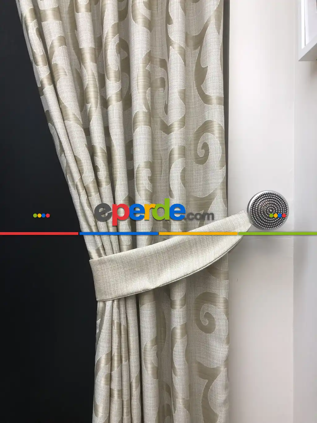 Krem Şal Desenli Jakar Fon Perde- Krem