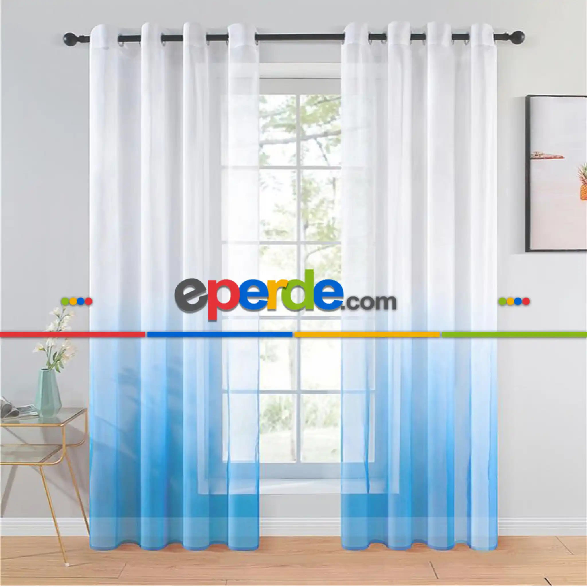 Salon - Mavi Renk Rustik Kuşgözü Tül Perde Decoring Perde