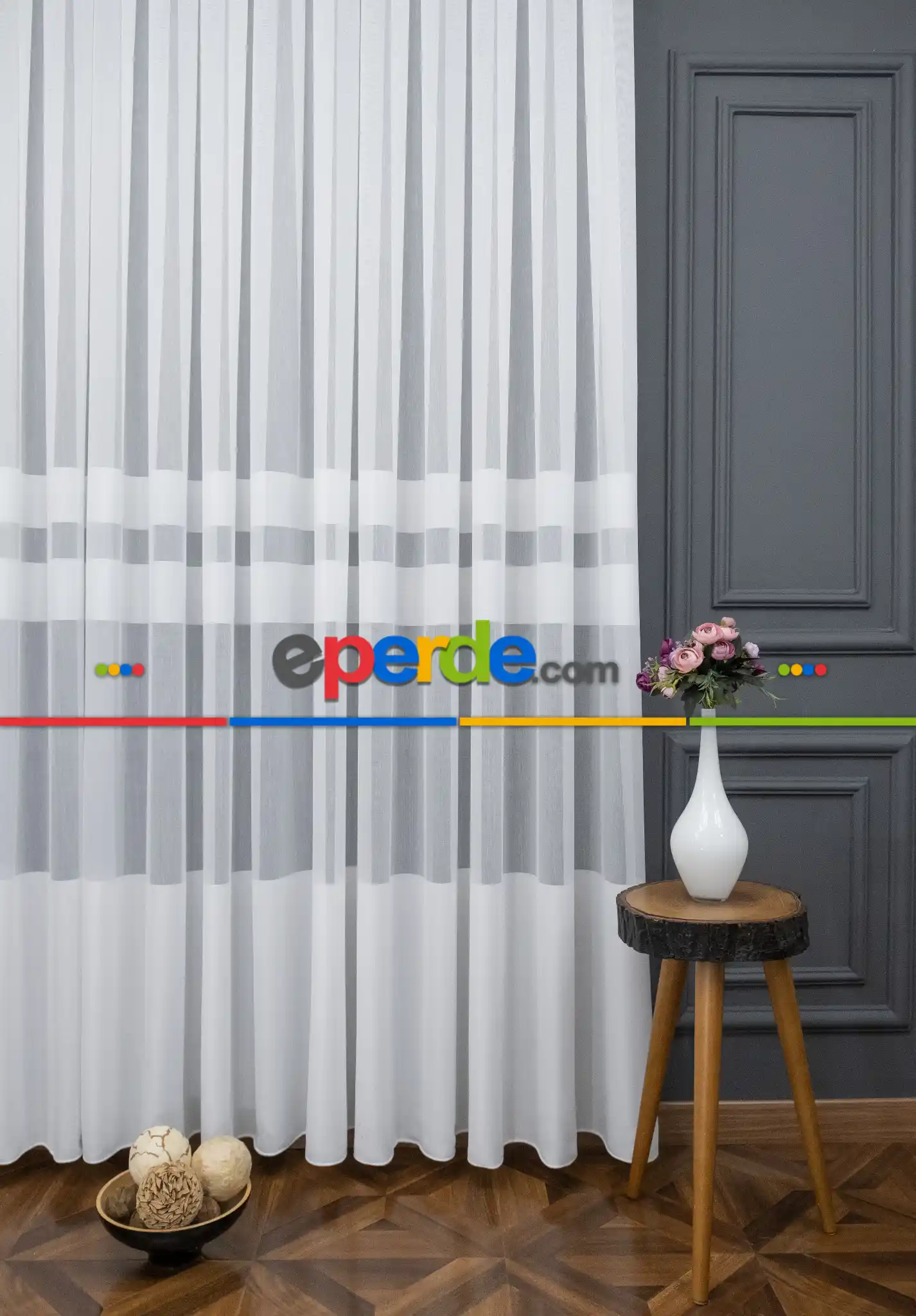 Yatak Odası - Modern Bambu Bantlı Beyaz Tül - Yüksek Kalite Tül