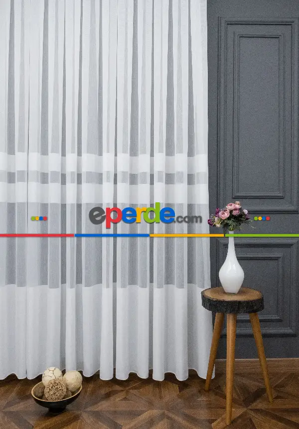 Genç Odası - Modern Bantlı Beyaz Tül - Yüksek Kalite Tül - Enine Çizgili
