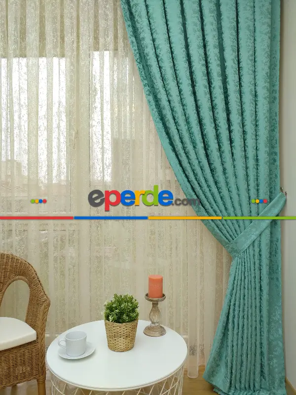 Yatak Odası - Mint Rengi Duz Jakar Fon Perde (150)- Mint