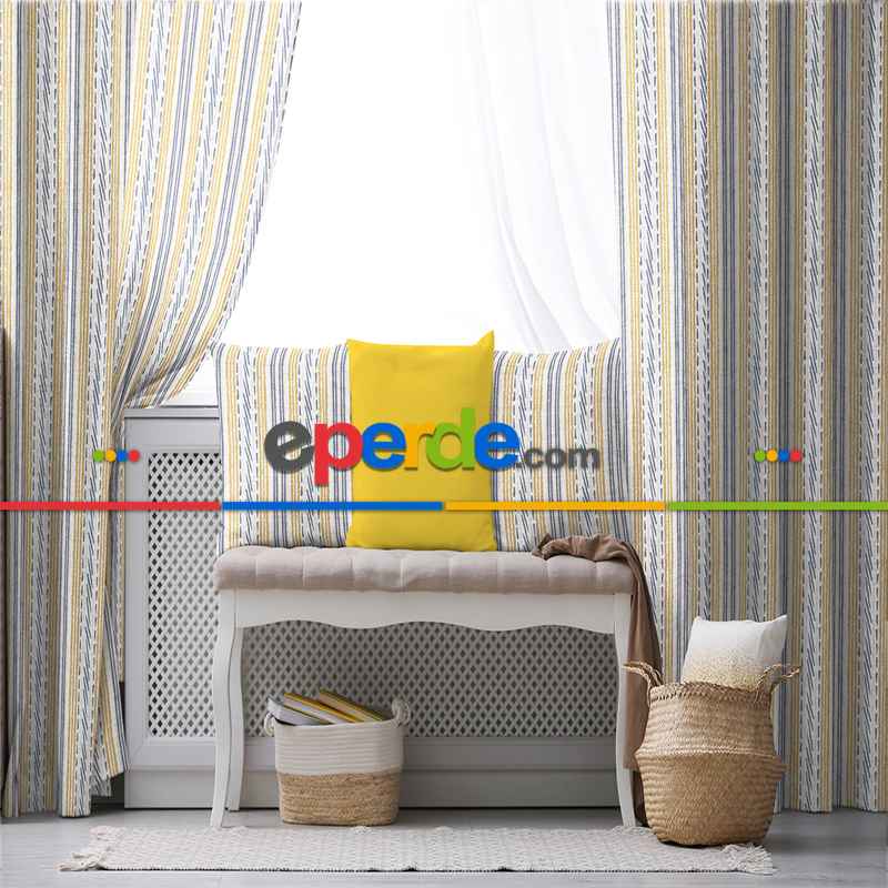 Etnik Fon Perde Evim1539 Kumaşı Kalındır Duck Bezi Değildir- Mavi-beyaz