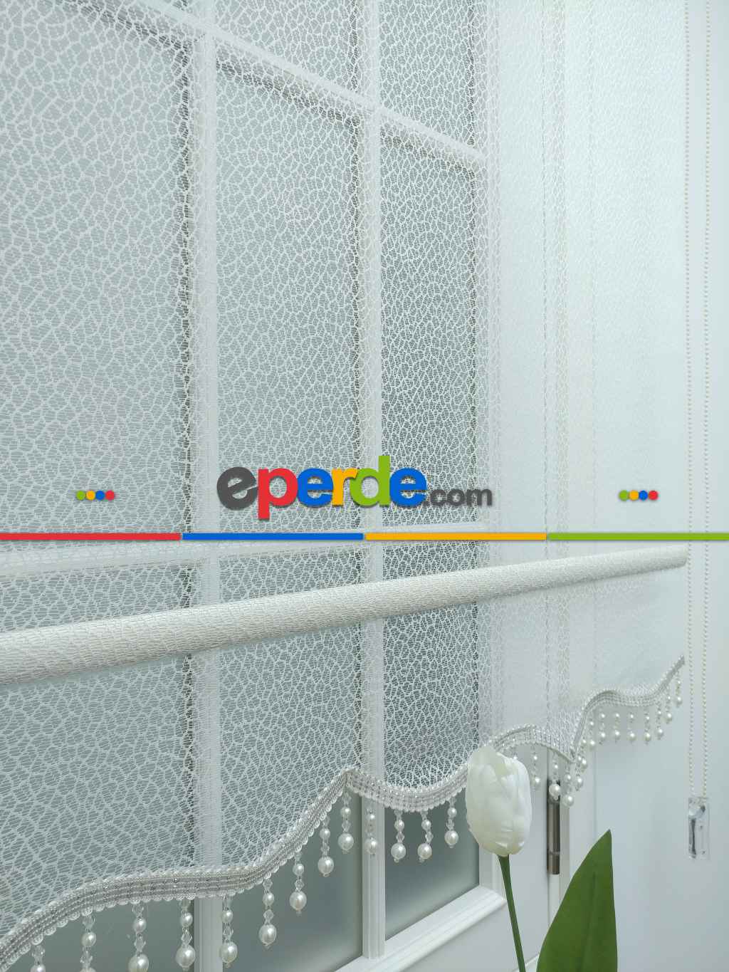 Örme Dantel Çiftli Sistem Tül Stor Perde- Ekru