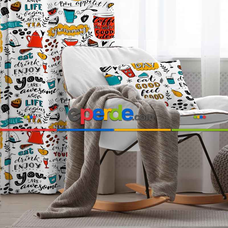 Mutfak Gereçleri Desenli Fon Perde Evim919 Kumaşı Kalındır Duck Bezi Değildir- Mavi-beyaz