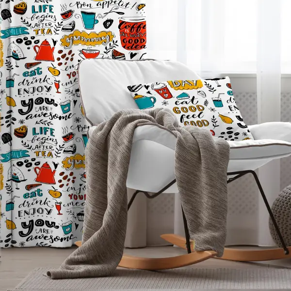 Çocuk Odası - Mutfak Gereçleri Desenli Fon Perde Evim919 Kumaşı Kalındır Duck Bezi Değildir- Mavi-beyaz