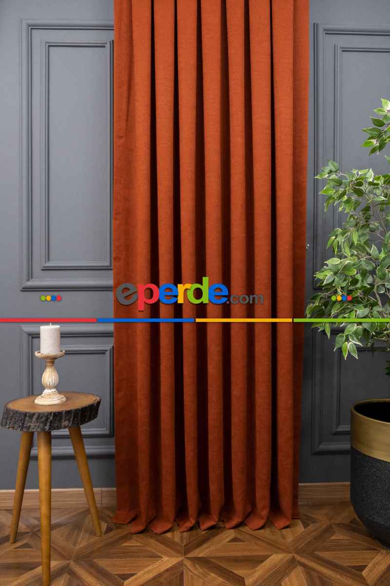 Kiremit Rengi Düz Fon Perde En Dökümlü Fon Perde