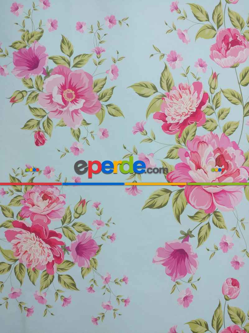 Yatak Odası - Çiçek Desenli Kaliteli Fon Perde Modelleri- Turkuaz-Pembe-Açık Yeşil