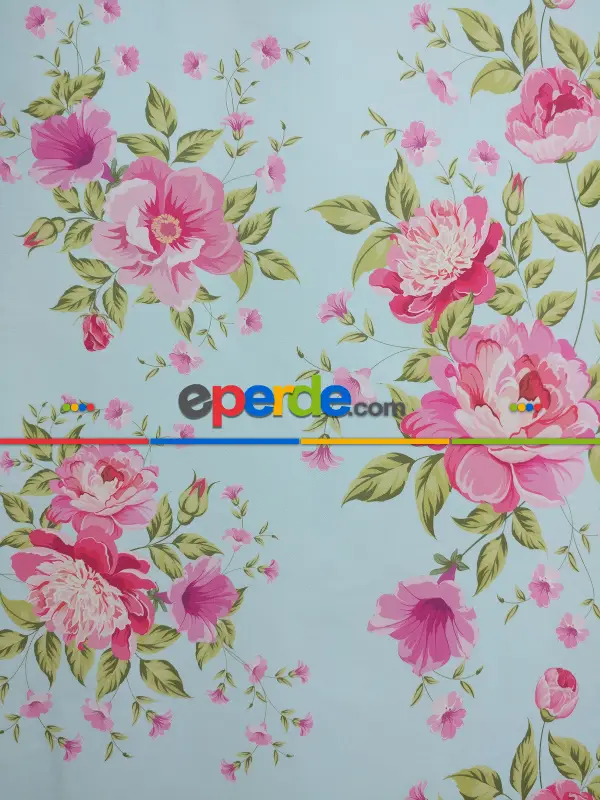 Yatak Odası - Çiçek Desenli Kaliteli Fon Perde Modelleri- Turkuaz-Pembe-Açık Yeşil