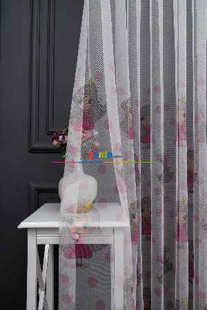 Hazır Ölçülü Petek Zemin Pembe Renkli Prenses Desenli Grek Baskılı Tül Perde