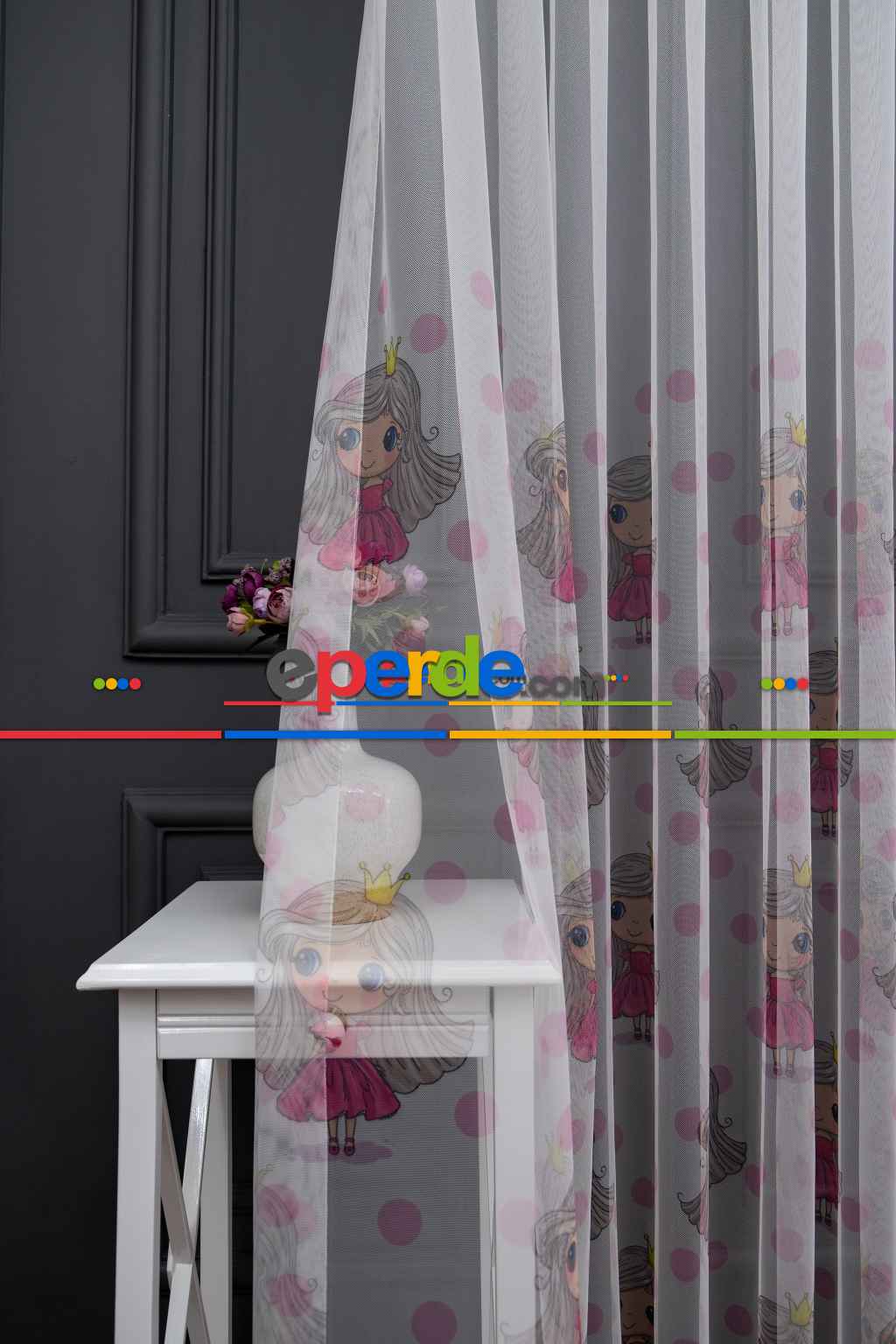 Hazır Ölçülü Petek Zemin Pembe Renkli Prenses Desenli Grek Baskılı Tül Perde