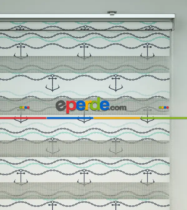 Bebek Odası Zebra Perde - Çapa Baskılı Zebra Perde- Gri-Füme-Antrasit-Beyaz-Turkuaz