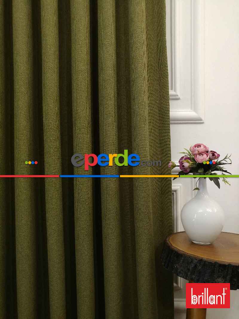 Brillant Keten Yeşil Renk Düz Fon Perde - Yeşil