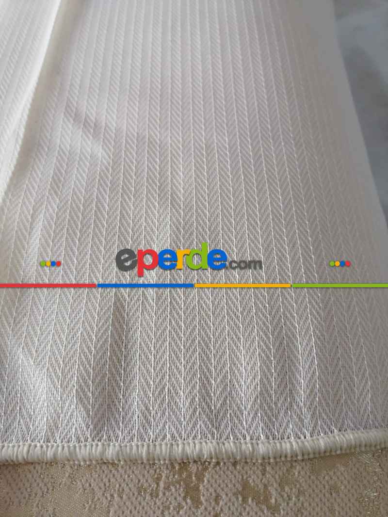 Armür Zemin Balık Sırtı Desen Boydan Çizgili Tül - Krem-bej