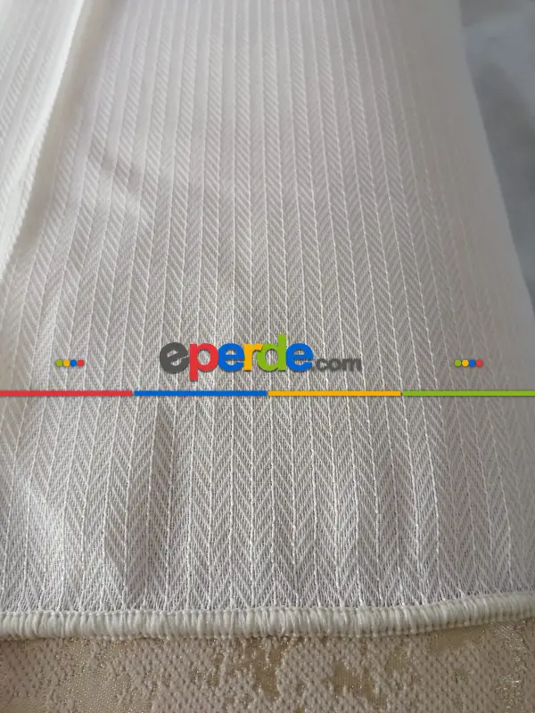 Armür Zemin Balık Sırtı Desen Boydan Çizgili Tül - Krem-bej