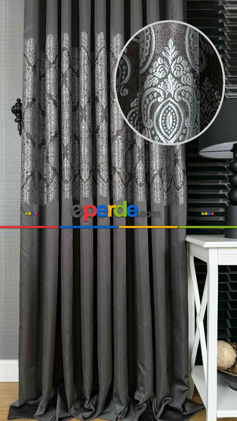 Gri Gümüş Fon Perde, Damask Desenli