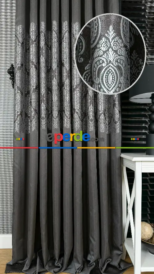 Gri Gümüş Fon Perde, Damask Desenli