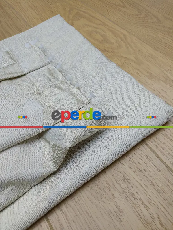 Krem Yaprak Desenli Jakar Fon Perde- Krem