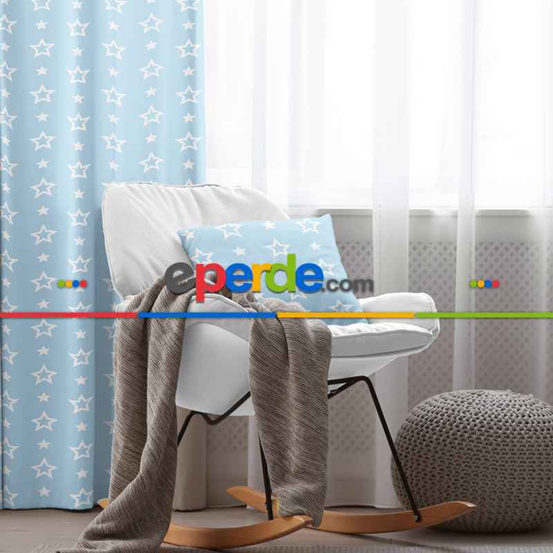 Erkek Çocuk ve Bebek Odası Fon Perde - Yıldız Desenli - Mavi Beyaz