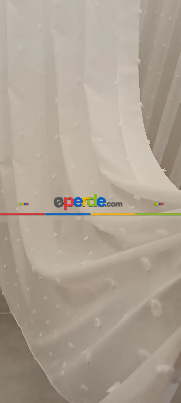 Salon - Yeni Nesil Ponpon Saçak Detaylı Tül Perdeler Ekru Renk