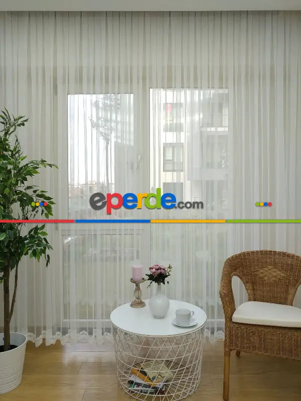 Ekru Tül Perde Etek Ucu Nakış İşlemeli Grek Düz Zemin- Ekru