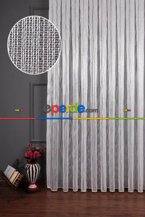 İnce Çizgili Gümüş Simli Armür Tül Perde Grz 2124