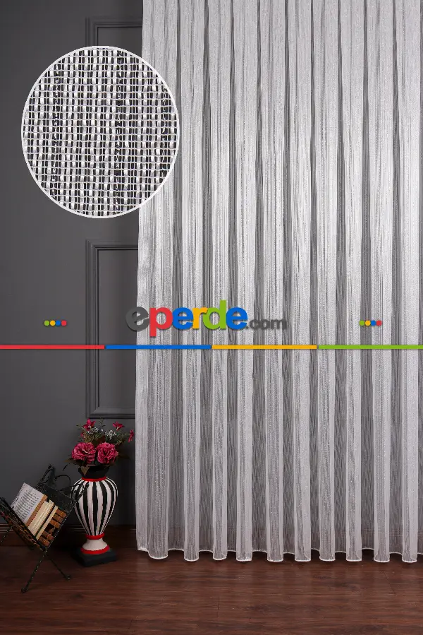İnce Çizgili Gümüş Simli Armür Tül Perde Grz 2124